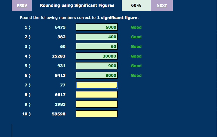 Screenshot of electronic worksheet