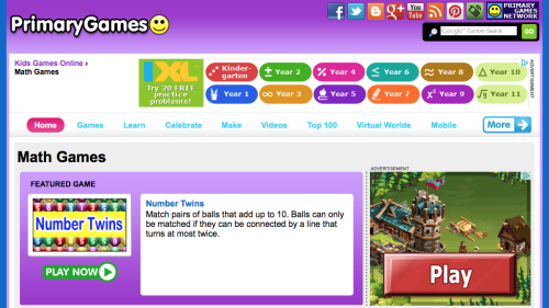 Screenshot of PrimaryGames.com Maths