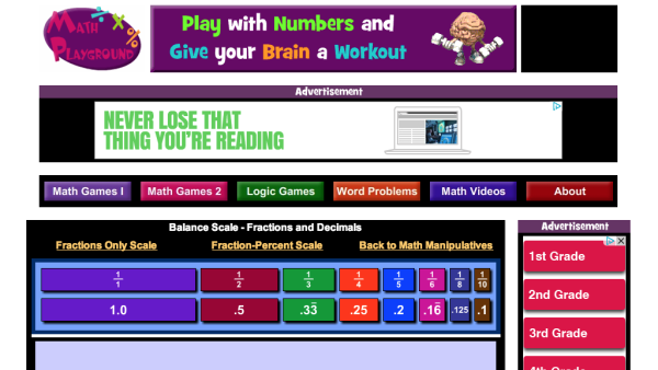 Screenshot of Fraction-Decimal Balance Scale