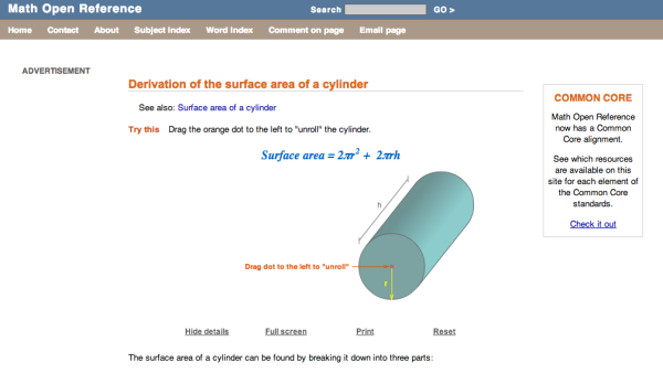 Screenshot of Surface area of a cylinder