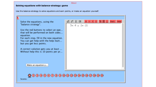Screenshot of Solving equations with balance-strategy: game