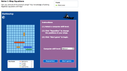 Screenshot of Solve 1-step equations - Battleship