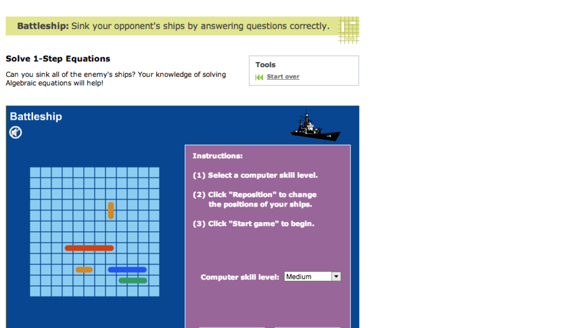 Screenshot of Solve 1-step equations - Battleship