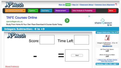 Screenshot of XP Math Integers Subtraction: -9 to +9