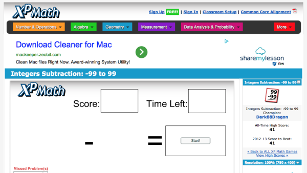 Screenshot of XP Math Integers Subtraction: -99 to +99