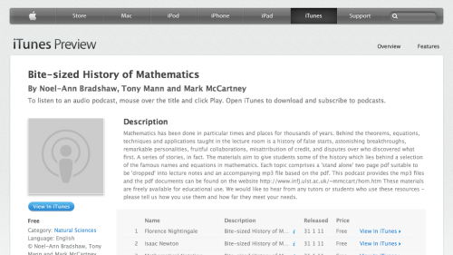 Screenshot of Bite-sized History of Mathematics