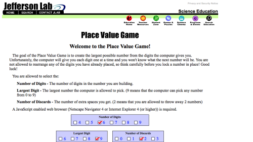 Screenshot of Place Value Game