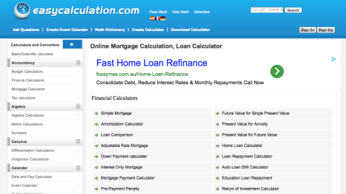 Screenshot of Online Mortgage Calculators