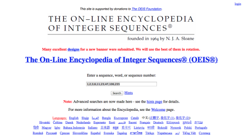 Screenshot of The On-Line Encyclopedia of Integer Sequences