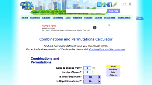 Screenshot of Combinations and Permutations Calculator