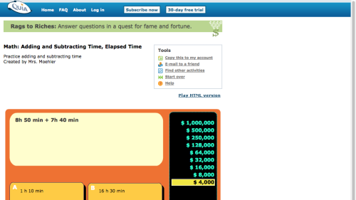 Screenshot of Math: Adding and Subtracting Time, Elapsed Time