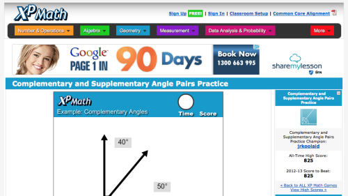 Screenshot of Complementary and Supplementary Angle Pairs Practice