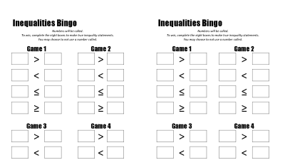 Preview of Inequalities Bingo