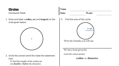 Preview of Circles Homework Sheet