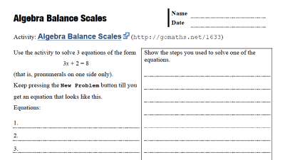 Preview of Algebra Balance Scales - record sheet