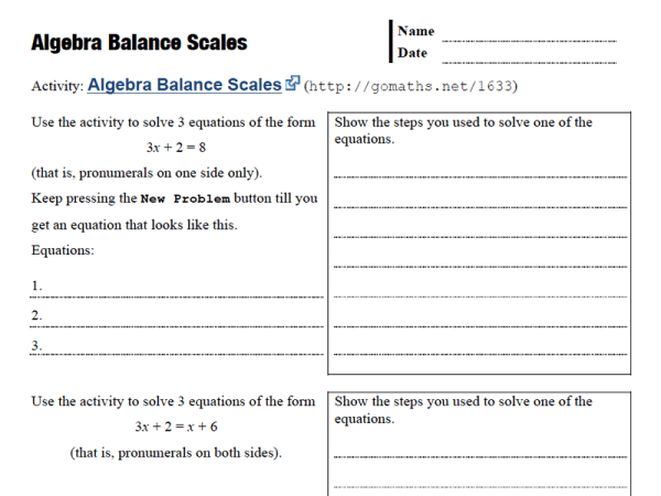 Preview of Algebra Balance Scales - record sheet