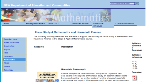 Screenshot of Curriculum Support - Focus Study 4 Mathematics and Household Finance
