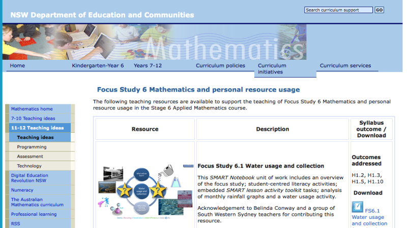 Screenshot of Curriculum Support - Focus Study 6 Mathematics and personal resource usage