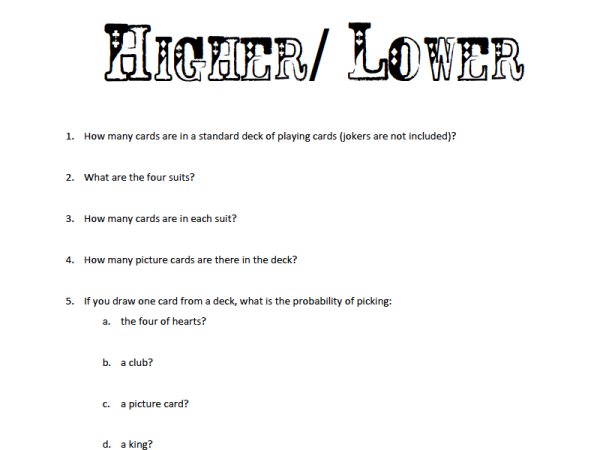 Preview of Higher or Lower Worksheet