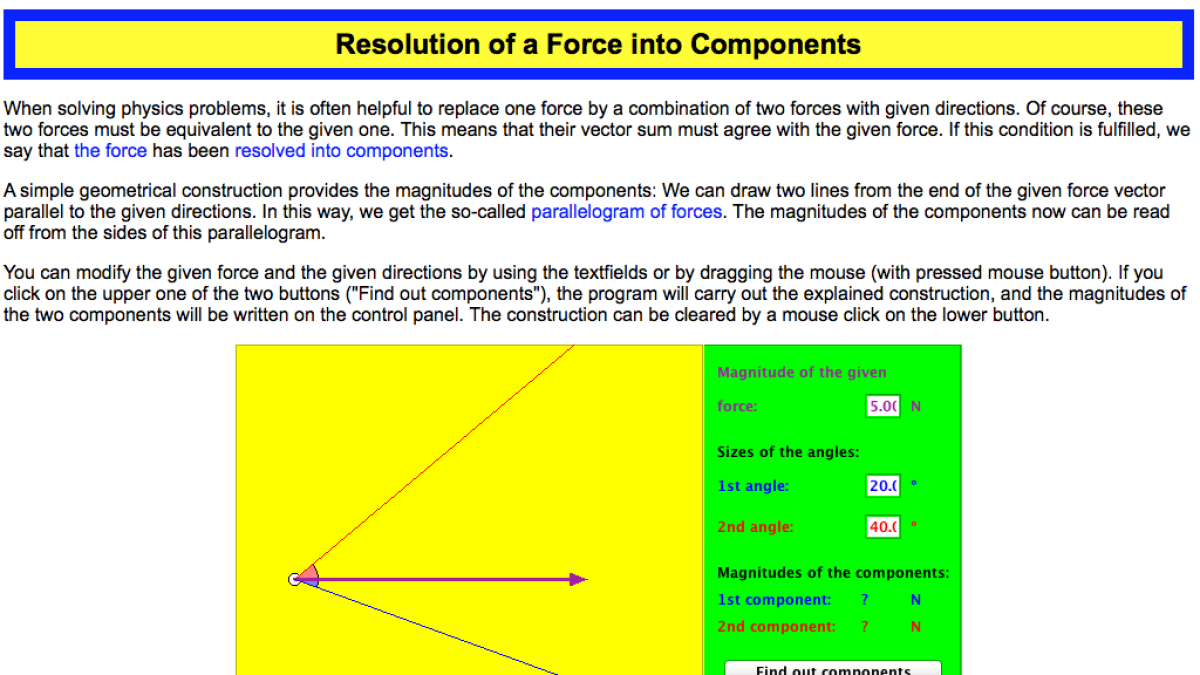 Screenshot of Resolution of a Force into Components