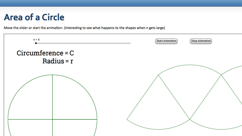 Screenshot of Area of a Circle