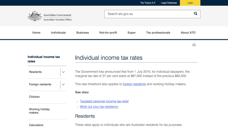 Screenshot of Individual income tax rates