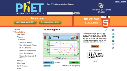 Screenshot of PhET Moving Man : motion graphs