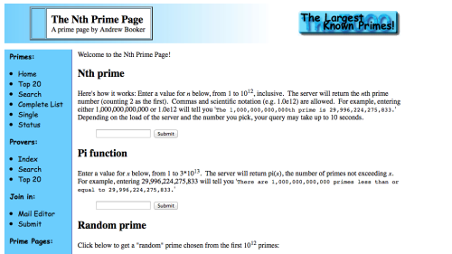 Screenshot of The Nth Prime Page