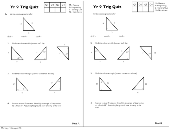 Preview of Year 9 Trigonometry Quizzes (A, B, C, D)