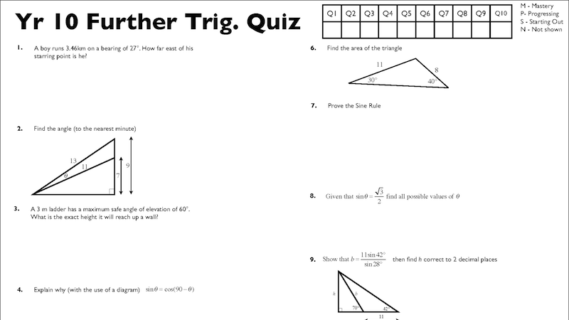 Preview of Year 10 Further Trigonometry Quizzes (A, B, C, D)