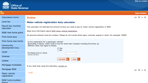Screenshot of Motor vehicle registration duty calculator