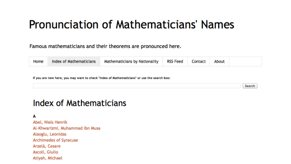Screenshot of Pronunciation of Mathematicians’ Names