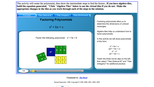 Screenshot of Factoring Polynomials with and without Algebra Tiles