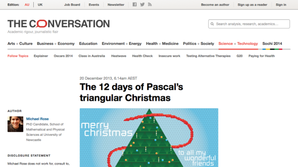 Screenshot of The 12 days of Pascal’s triangular Christmas