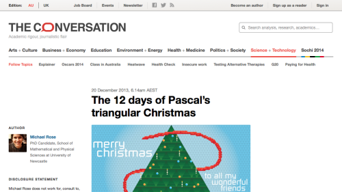 Screenshot of The 12 days of Pascal’s triangular Christmas
