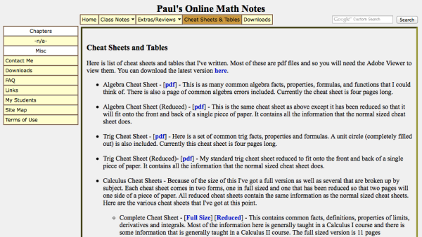 Screenshot of Cheat Sheets and Tables - Paul’s Online Math Notes
