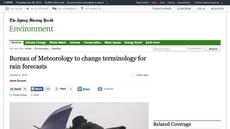 Screenshot of Bureau of Meteorology to change terminology for rain forecasts