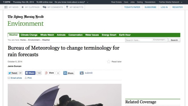 Screenshot of Bureau of Meteorology to change terminology for rain forecasts