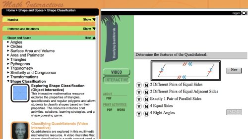 Screenshot of ‘Classifying Quadrilaterals’ - Maths Interactives