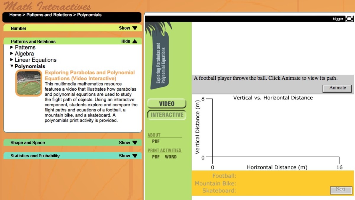 Screenshot of Exploring Parabolas - Maths Interactives