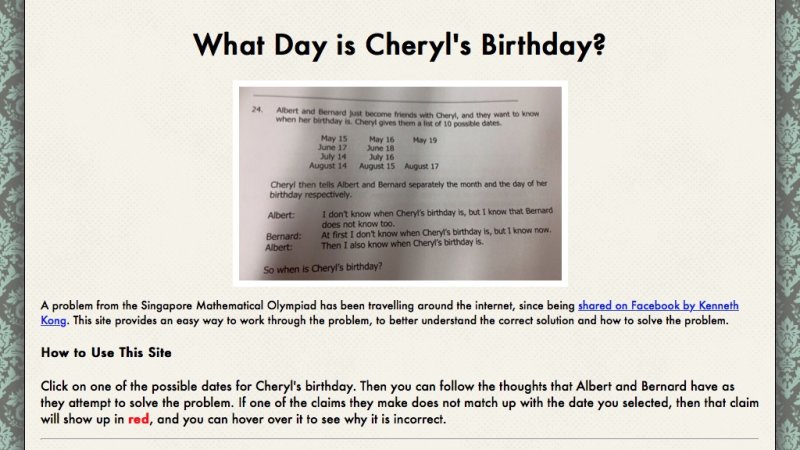 Screenshot of What Day is Cheryl’s Birthday?
