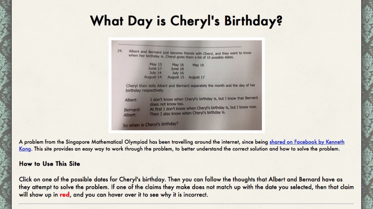 Screenshot of What Day is Cheryl’s Birthday?