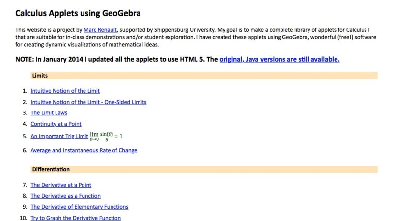 Screenshot of Calculus Applets using GeoGebra