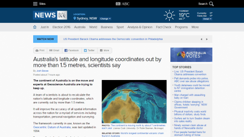 Screenshot of Australia’s latitude and longitude coordinates out by more than 1.5 metres, scientists say