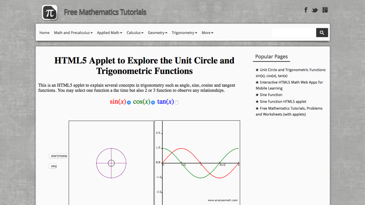 Screenshot of HTML5 Applet to Explore the Unit Circle and Trigonometric Functions