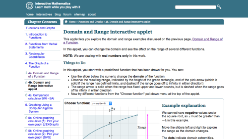 Screenshot of Domain and Range interactive applet