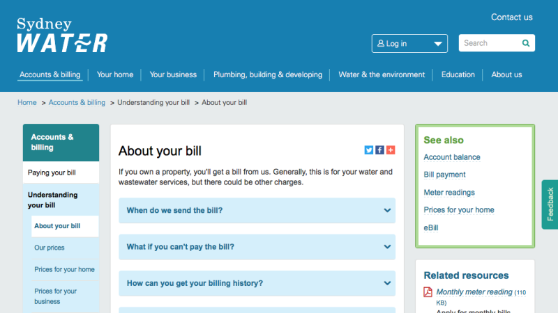 Screenshot of Sydney Water - about your bill