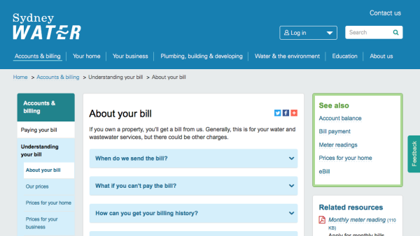 Screenshot of Sydney Water - about your bill