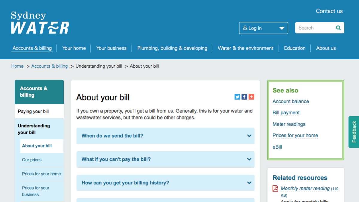 Screenshot of Sydney Water - about your bill