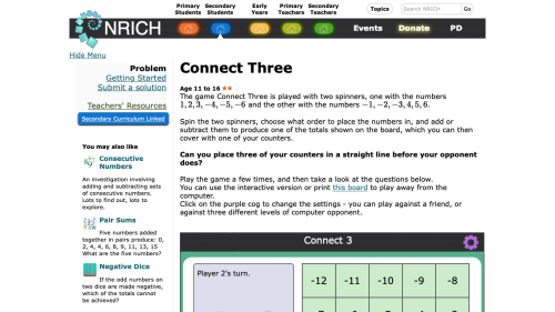 Screenshot of Addition and subtraction of positive and negative integers - Connect 3